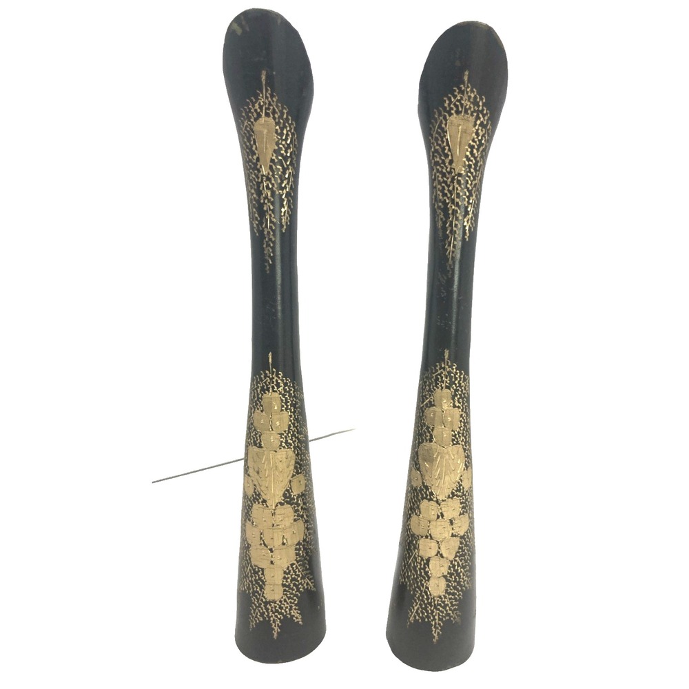 Set of 2 Vtg Solid Brass Black Gold Hand Etched Flower Design Vases 9.5 inch